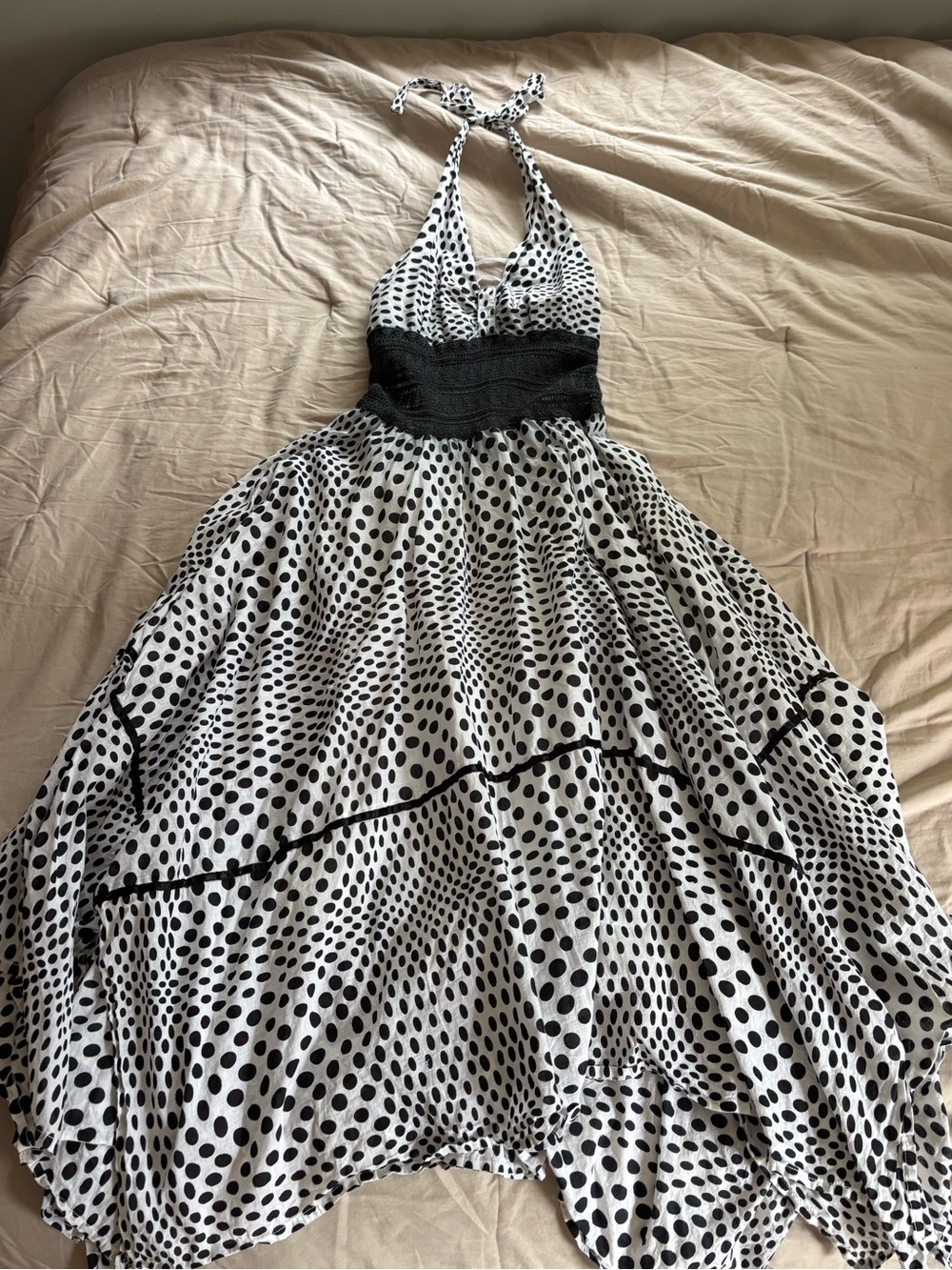 Polka Dot Halter Midi Dress - Black & White